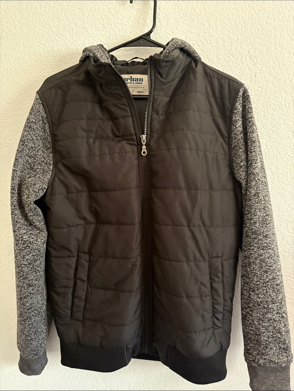urban pipeline Black Quilted Jacket with Gray Knit Sleeves and Hood